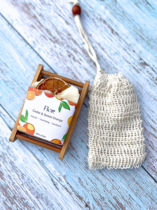 Handmade soap UK.  Handmade soap gift box with natural soap sisal pouch and bamboo soap dish